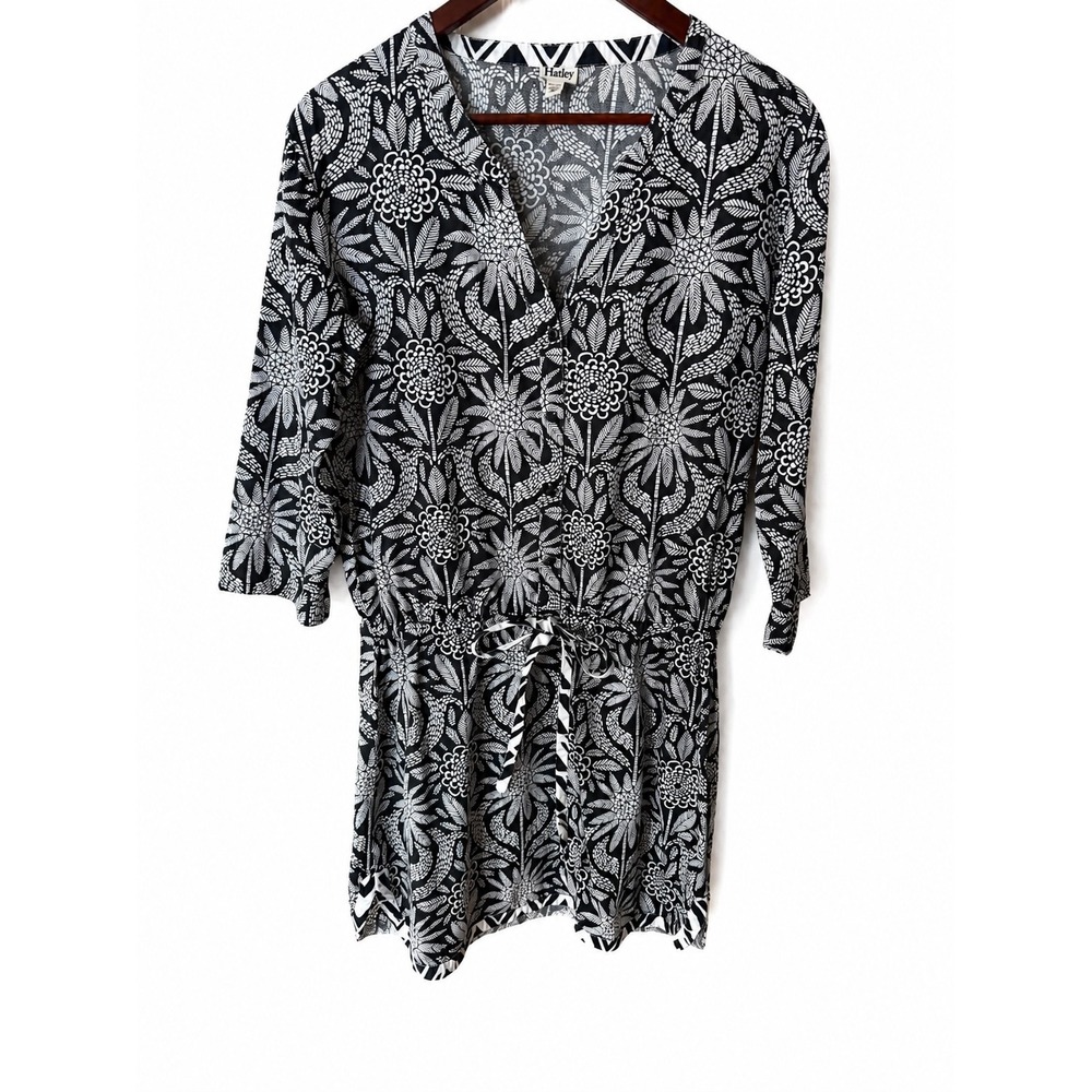 Hatley‎ Black White Floral Cotton Tunic Dress Drawstring Waist Medium